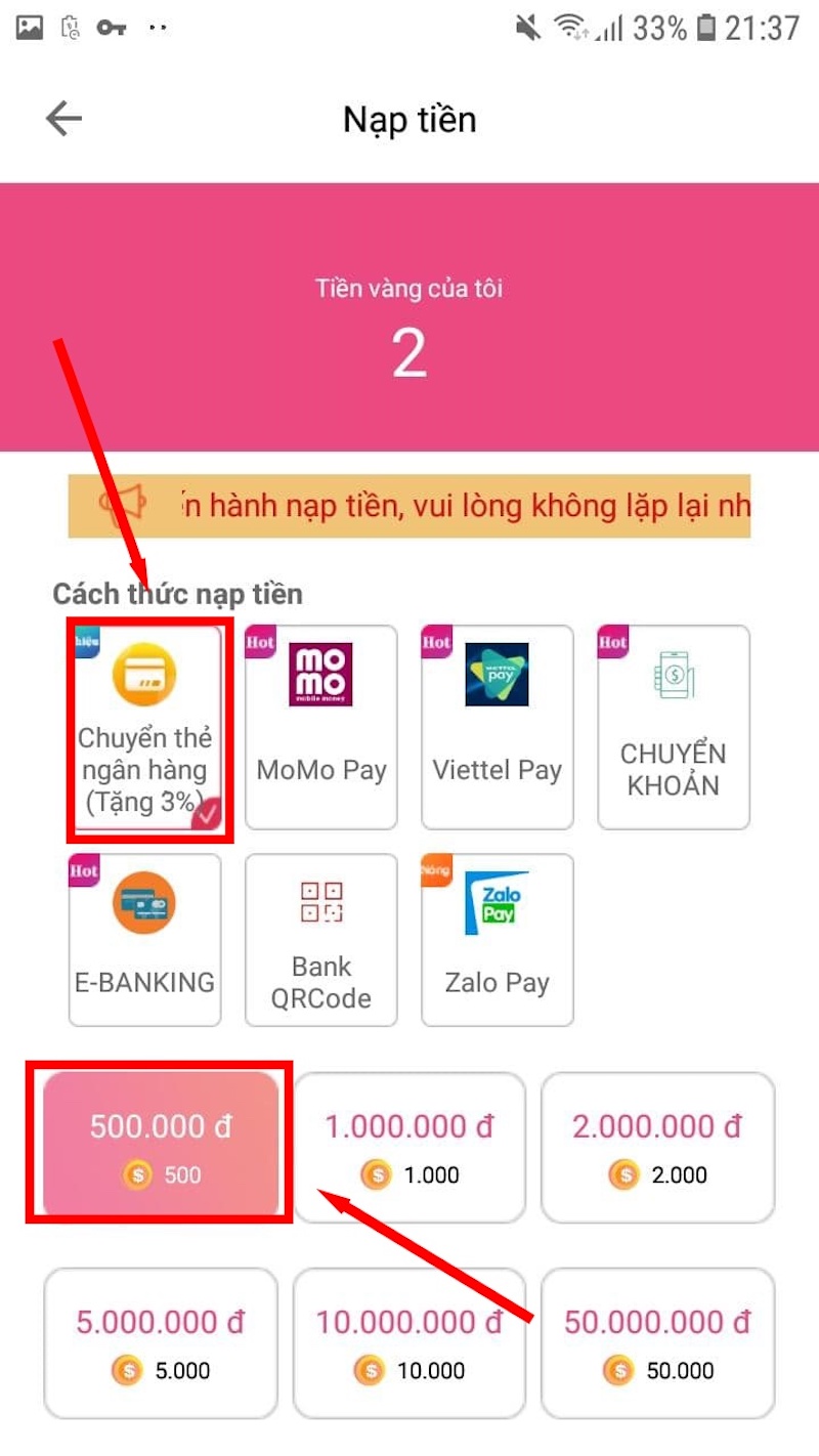 Chọn chuyển thẻ ngân hàng